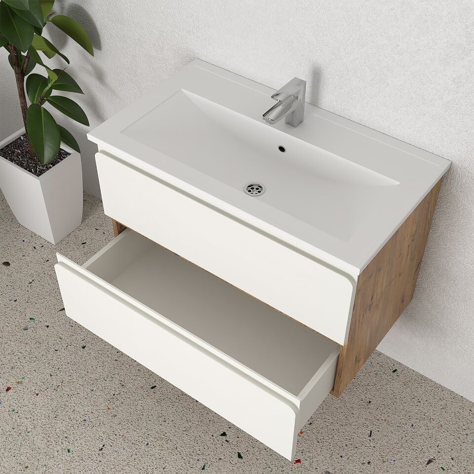 Teta Home Granada 80 cm MDF Gövde Membran Kapak Banyo Dolabı Seti Atlantik Çam- Beyaz