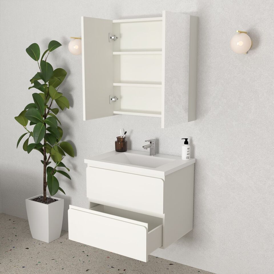 Teta Home Granada 65 cm MDF Gövde Membran Kapak Banyo Dolabı Seti Beyaz