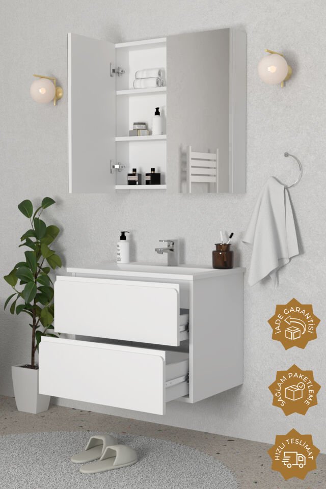 Teta Home Granada 65 cm MDF Gövde Membran Kapak Banyo Dolabı Seti Beyaz