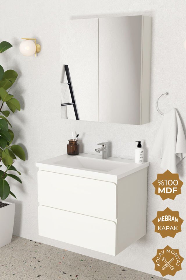 Teta Home Granada 65 cm MDF Gövde Membran Kapak Banyo Dolabı Seti Beyaz