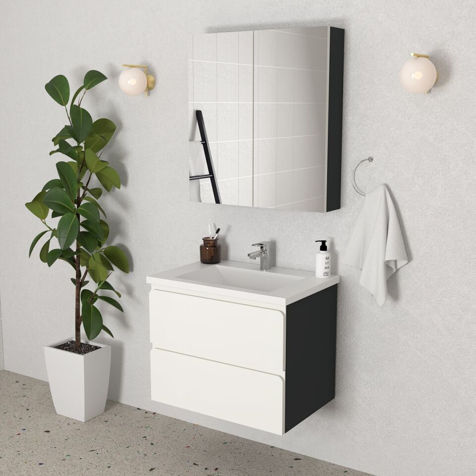 Teta Home Granada 65 cm MDF Gövde Membran Kapak Banyo Dolabı Seti Antrasit-Beyaz