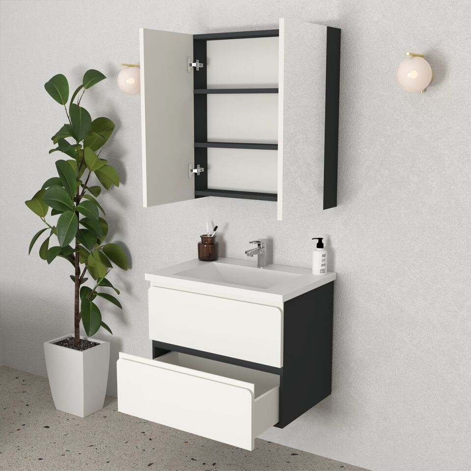 Teta Home Granada 65 cm MDF Gövde Membran Kapak Banyo Dolabı Seti Antrasit-Beyaz