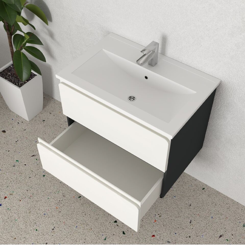 Teta Home Granada 65 cm MDF Gövde Membran Kapak Banyo Dolabı Seti Antrasit-Beyaz