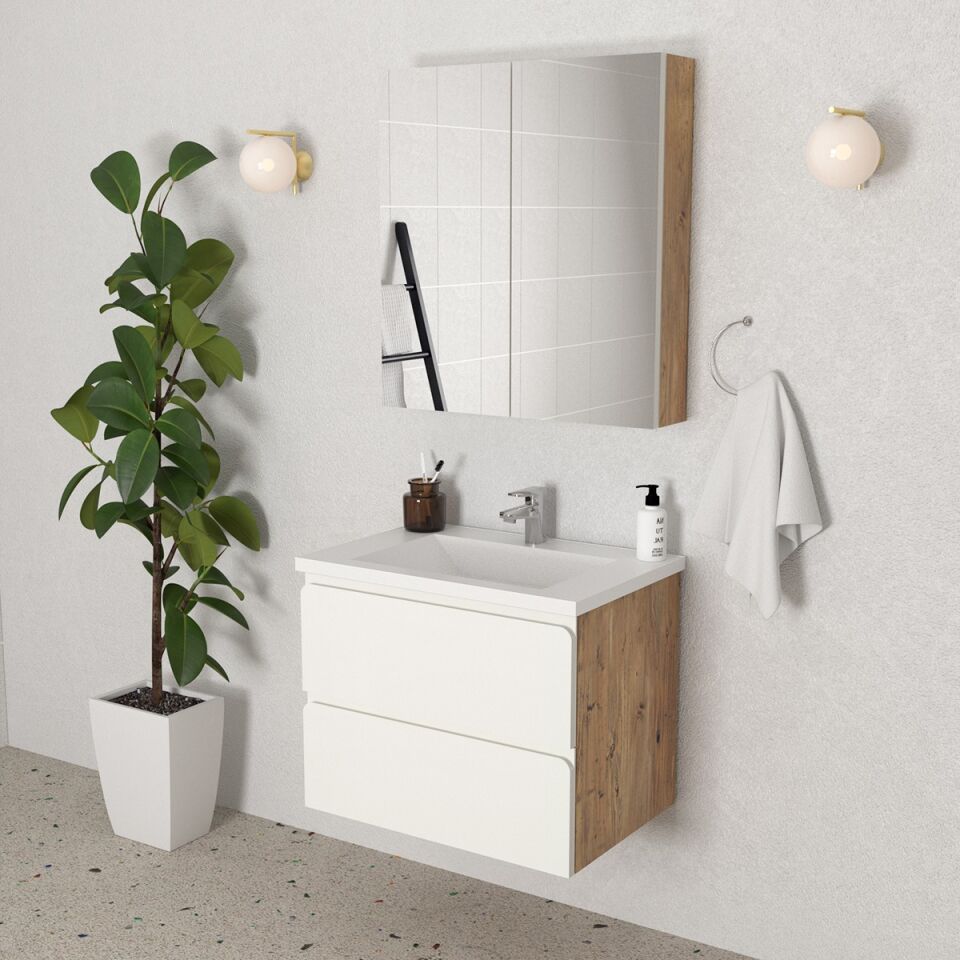 Teta Home Granada 65 cm MDF Gövde Membran Kapak Banyo Dolabı Seti Atlantik Çam- Beyaz