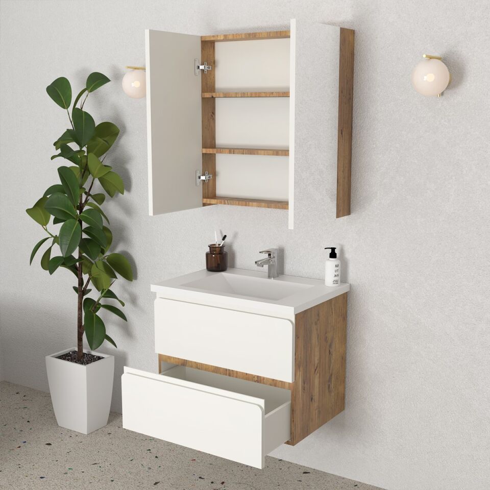 Teta Home Granada 65 cm MDF Gövde Membran Kapak Banyo Dolabı Seti Atlantik Çam- Beyaz