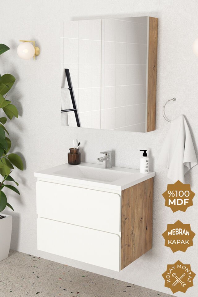 Teta Home Granada 65 cm MDF Gövde Membran Kapak Banyo Dolabı Seti Atlantik Çam- Beyaz