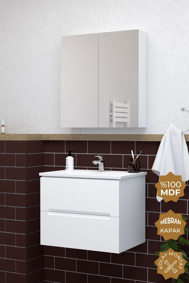 Teta Home Kopenhag 80 cm MDF Gövde Membran Kapak Banyo Dolabı Seti Beyaz