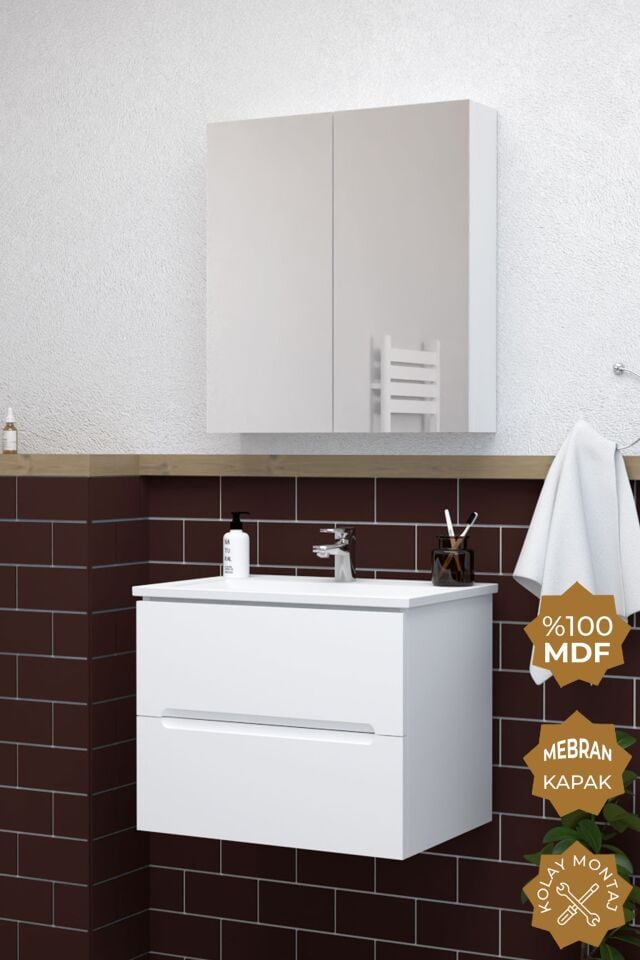 Teta Home Kopenhag 80 cm MDF Gövde Membran Kapak Banyo Dolabı Seti Beyaz