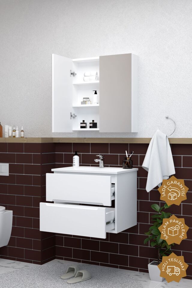 Teta Home Kopenhag 80 cm MDF Gövde Membran Kapak Banyo Dolabı Seti Beyaz