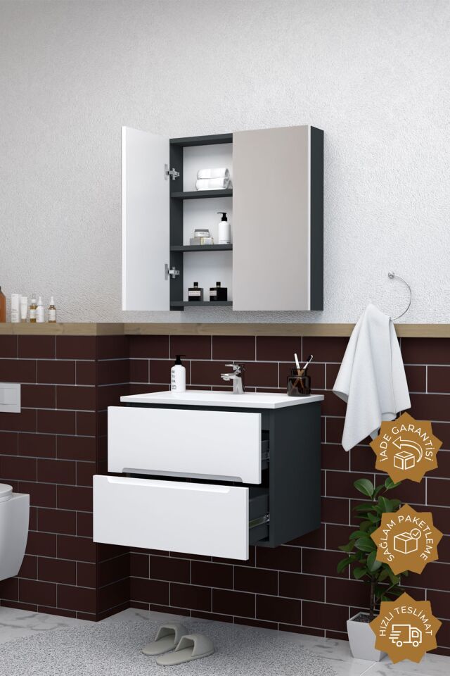 Teta Home Kopenhag 80 cm MDF Gövde Membran Kapak Banyo Dolabı Seti Antrasit-Beyaz