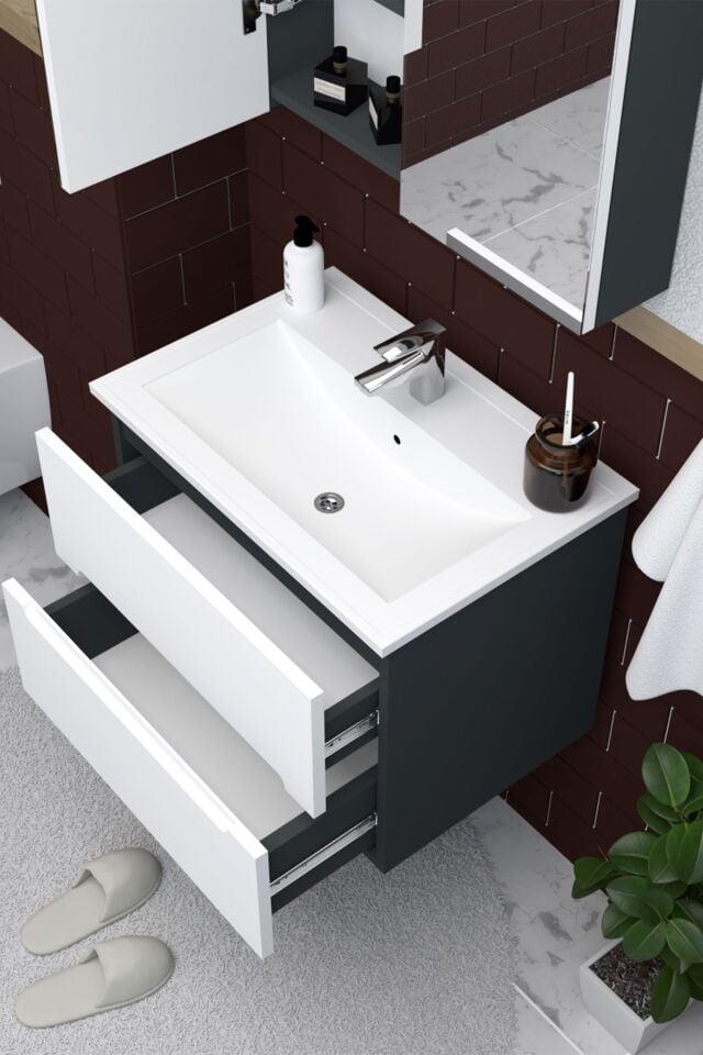Teta Home Kopenhag 80 cm MDF Gövde Membran Kapak Banyo Dolabı Seti Antrasit-Beyaz