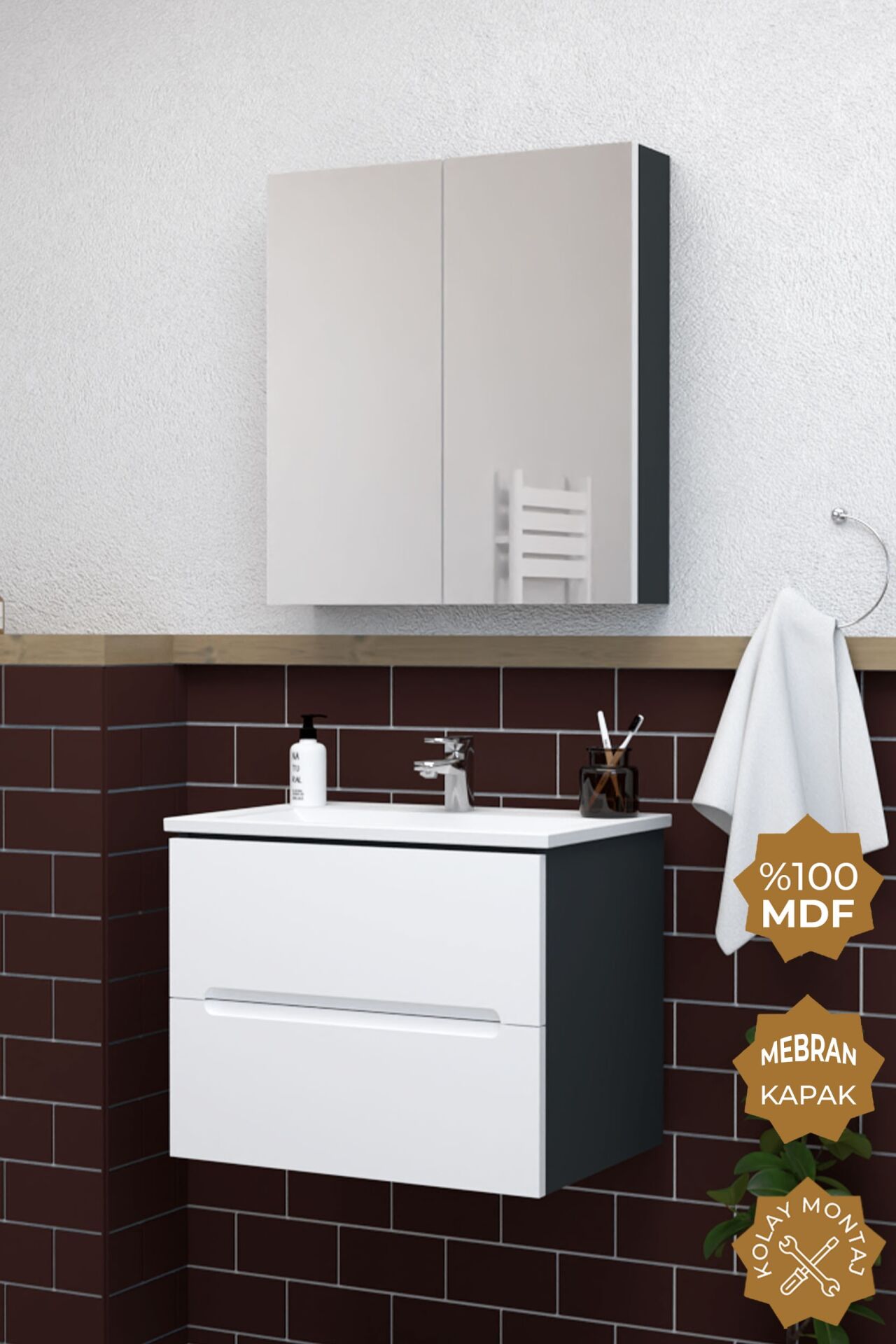 Teta Home Kopenhag 80 cm MDF Gövde Membran Kapak Banyo Dolabı Seti Antrasit-Beyaz