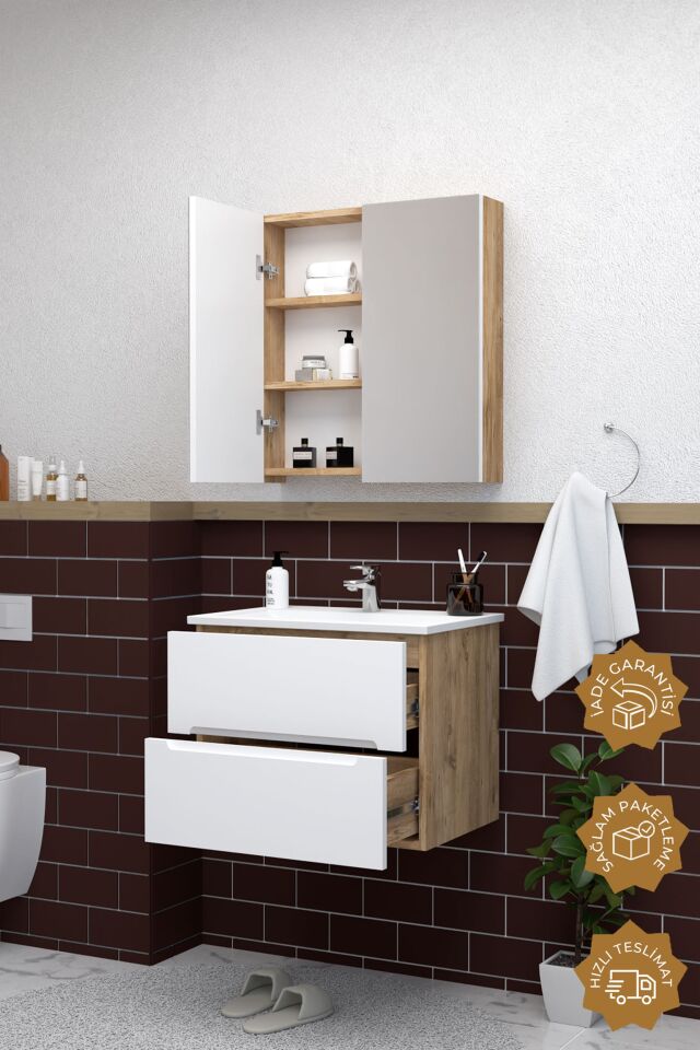 Teta Home Kopenhag 80 cm MDF Gövde Membran Kapak Banyo Dolabı Seti Atlantik Çam-Beyaz