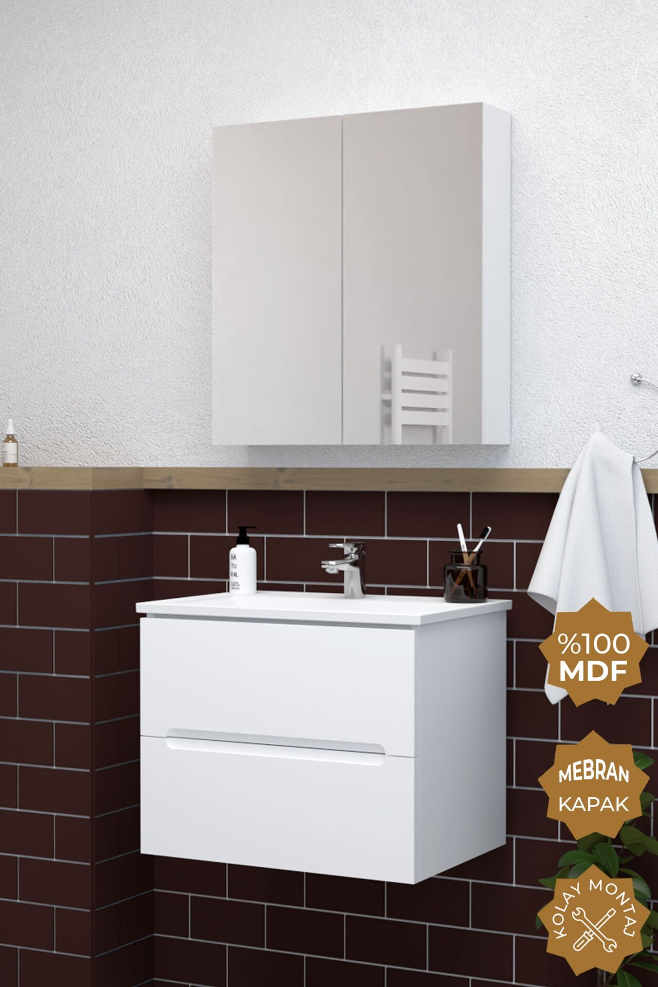 Teta Home Kopenhag 65 cm MDF Gövde Membran Kapak Banyo Dolabı Seti Beyaz