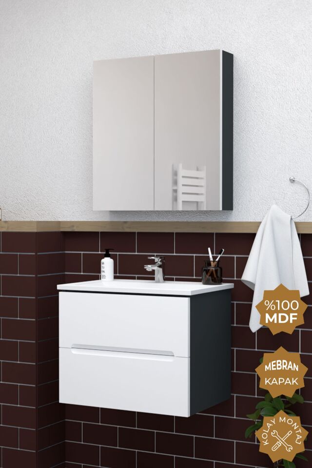 Teta Home Kopenhag 65 cm MDF Gövde Membran Kapak Banyo Dolabı Seti Antrasit-Beyaz