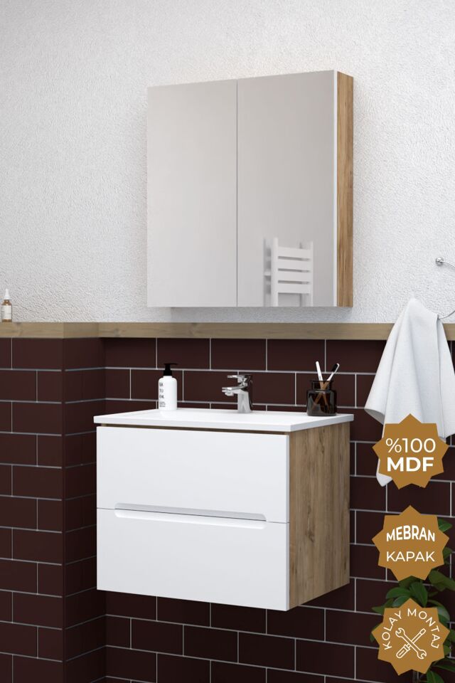 Teta Home Kopenhag 65 cm MDF Gövde Membran Kapak Banyo Dolabı Seti Atlantik Çam-Beyaz