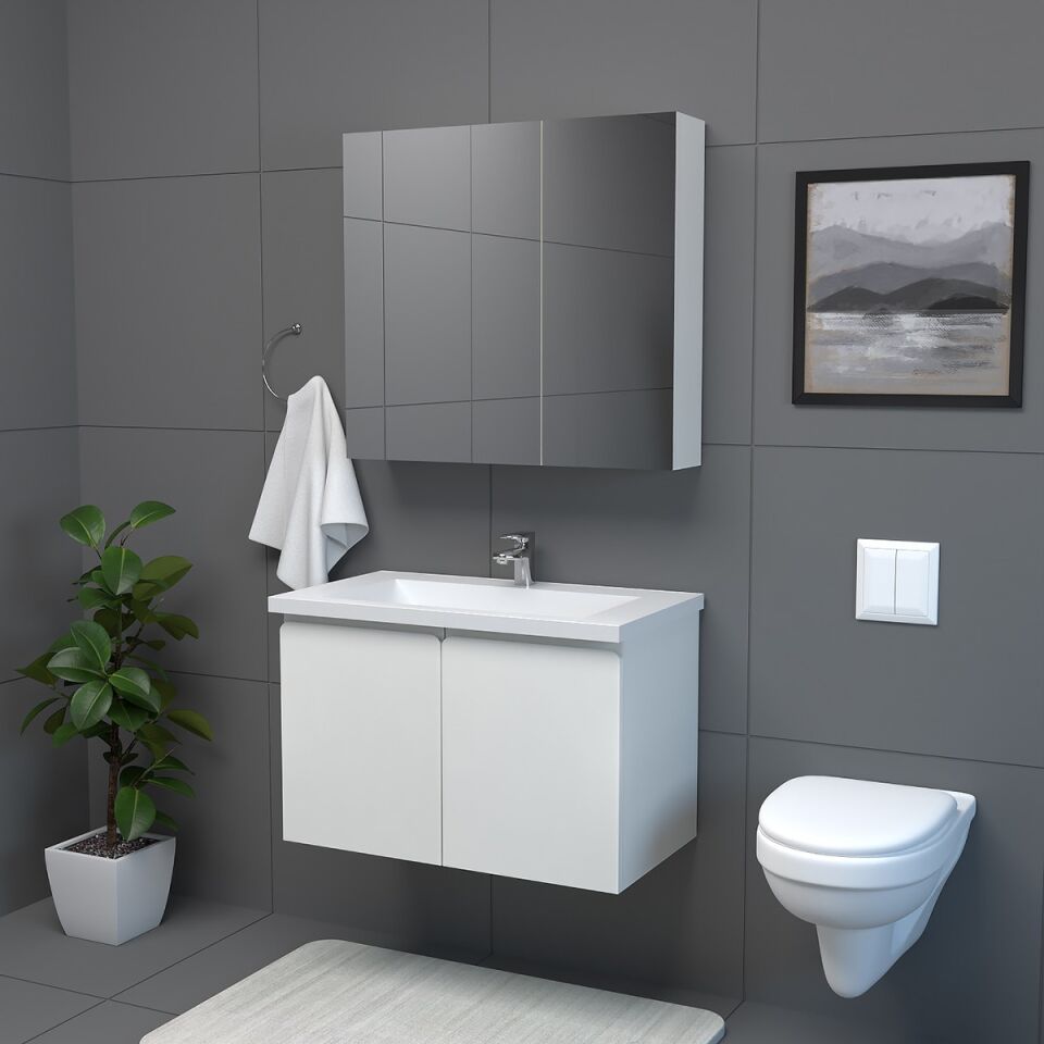 Teta Home Zürih 80 cm MDF Gövde Membran Kapak Banyo Dolabı Seti Beyaz
