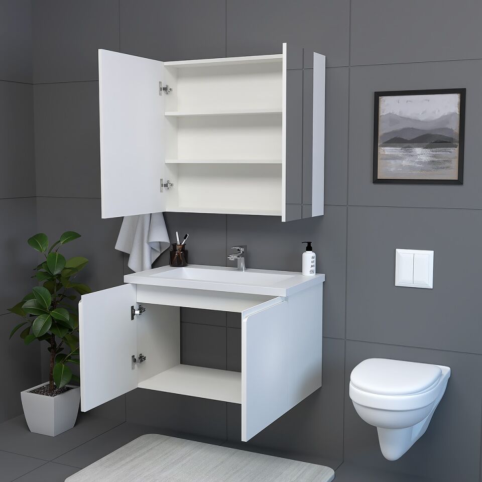 Teta Home Zürih 80 cm MDF Gövde Membran Kapak Banyo Dolabı Seti Beyaz
