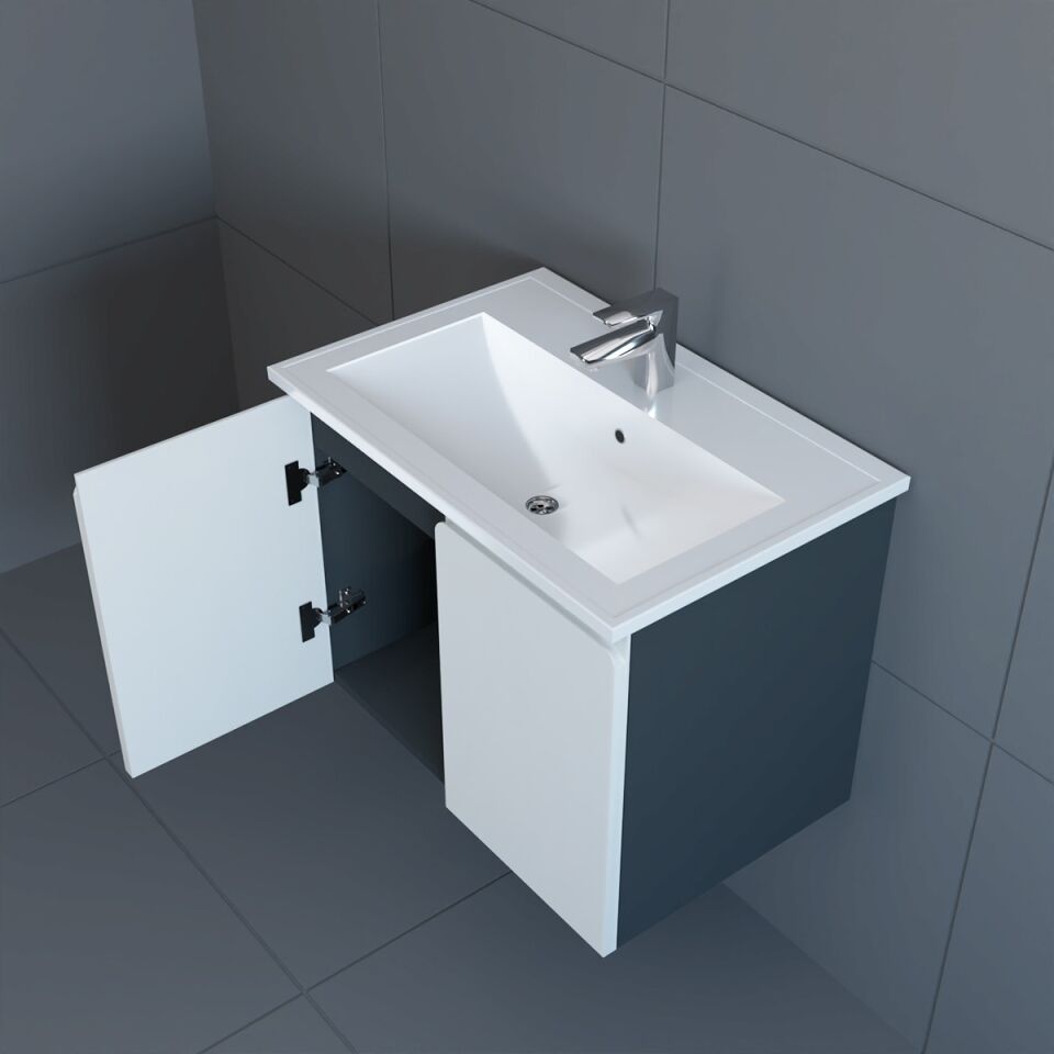 Teta Home Zürih 80 cm MDF Gövde Membran Kapak Banyo Dolabı Seti Antrasit-Beyaz