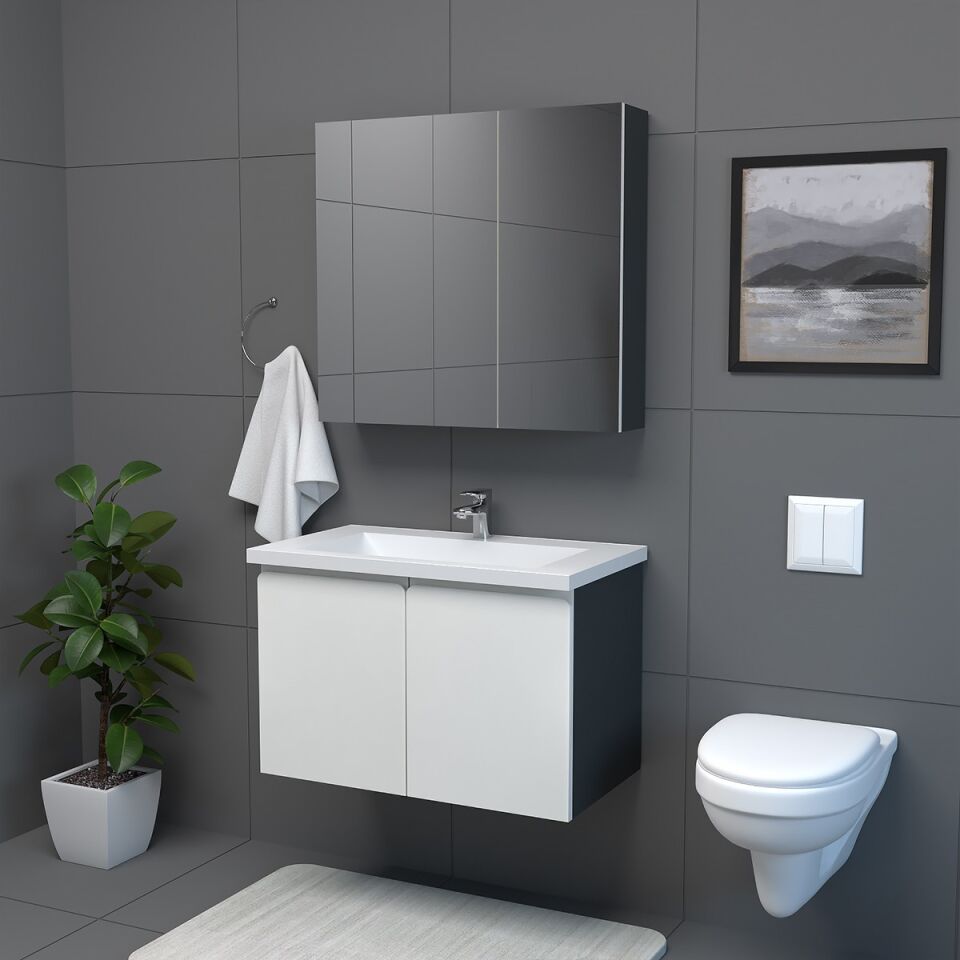 Teta Home Zürih 80 cm MDF Gövde Membran Kapak Banyo Dolabı Seti Antrasit-Beyaz