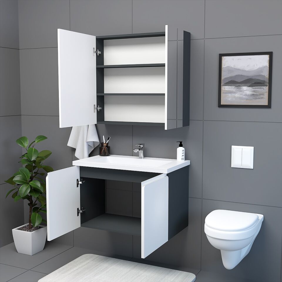 Teta Home Zürih 80 cm MDF Gövde Membran Kapak Banyo Dolabı Seti Antrasit-Beyaz