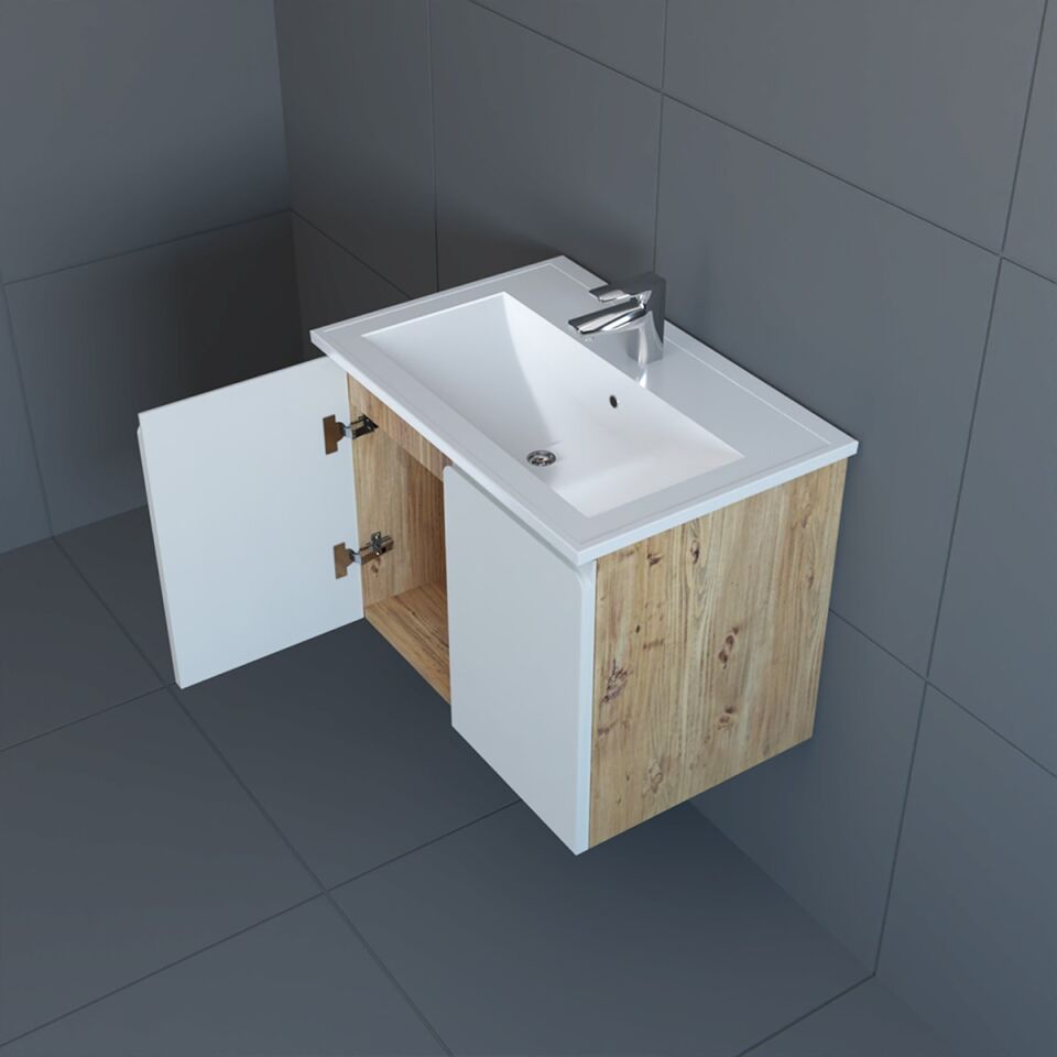 Teta Home Zürih 80 cm MDF Gövde Membran Kapak Banyo Dolabı Seti Atlantik Çam-Beyaz