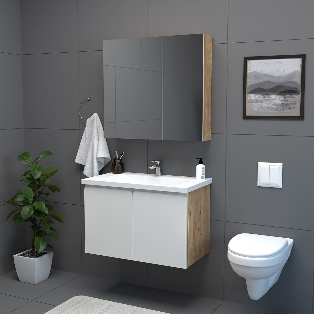 Teta Home Zürih 80 cm MDF Gövde Membran Kapak Banyo Dolabı Seti Atlantik Çam-Beyaz