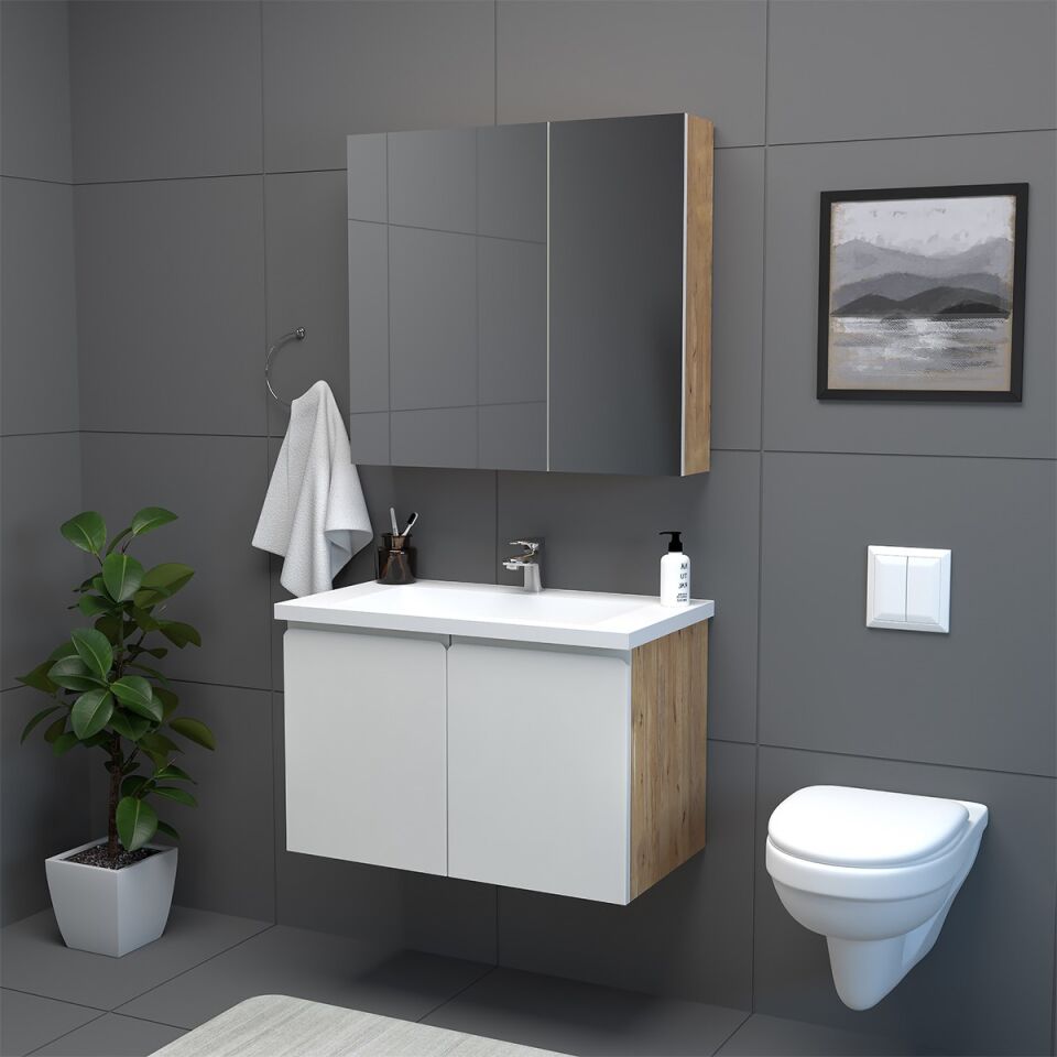 Teta Home Zürih 80 cm MDF Gövde Membran Kapak Banyo Dolabı Seti Atlantik Çam-Beyaz
