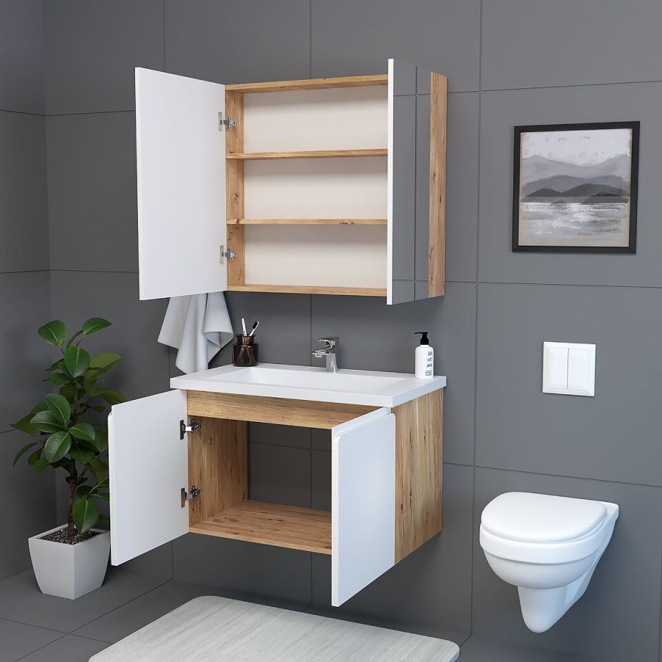 Teta Home Zürih 80 cm MDF Gövde Membran Kapak Banyo Dolabı Seti Atlantik Çam-Beyaz