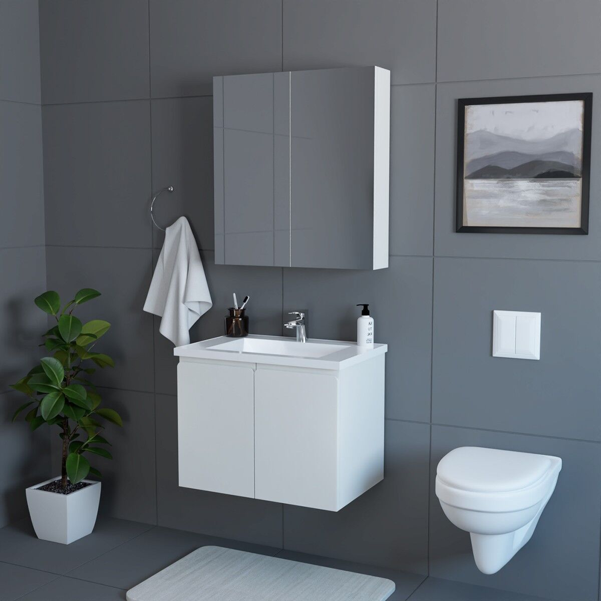 Teta Home Zürih 65 cm MDF Gövde Membran Kapak Banyo Dolabı Seti Beyaz