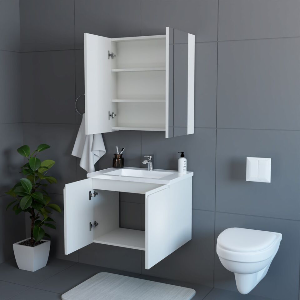 Teta Home Zürih 65 cm MDF Gövde Membran Kapak Banyo Dolabı Seti Beyaz