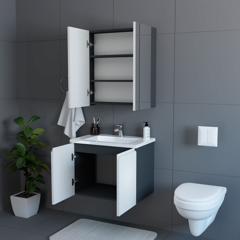 Teta Home Zürih 65 cm MDF Gövde Membran Kapak Banyo Dolabı Seti Antrasit-Beyaz