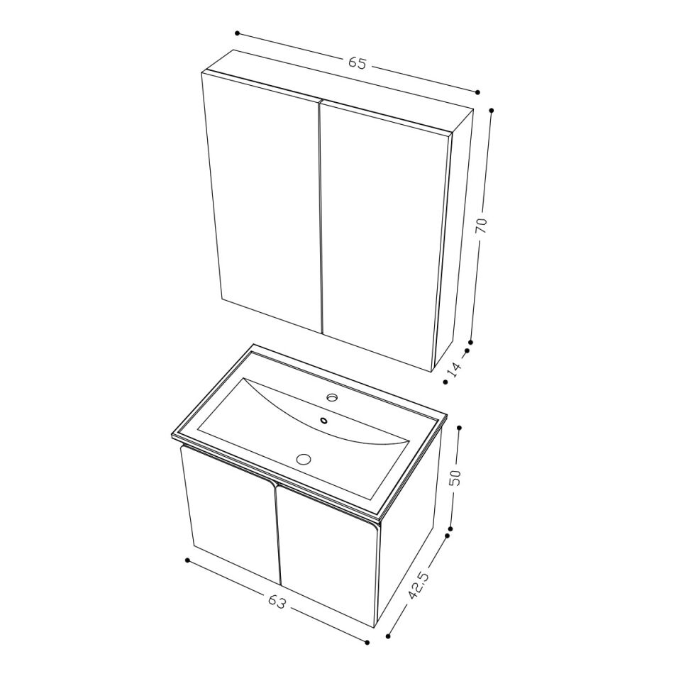 Teta Home Zürih 65 cm MDF Gövde Membran Kapak Banyo Dolabı Seti Antrasit-Beyaz