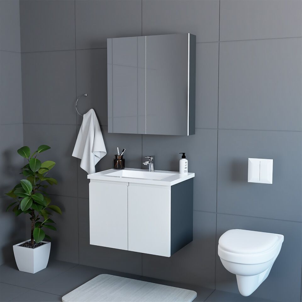 Teta Home Zürih 65 cm MDF Gövde Membran Kapak Banyo Dolabı Seti Antrasit-Beyaz