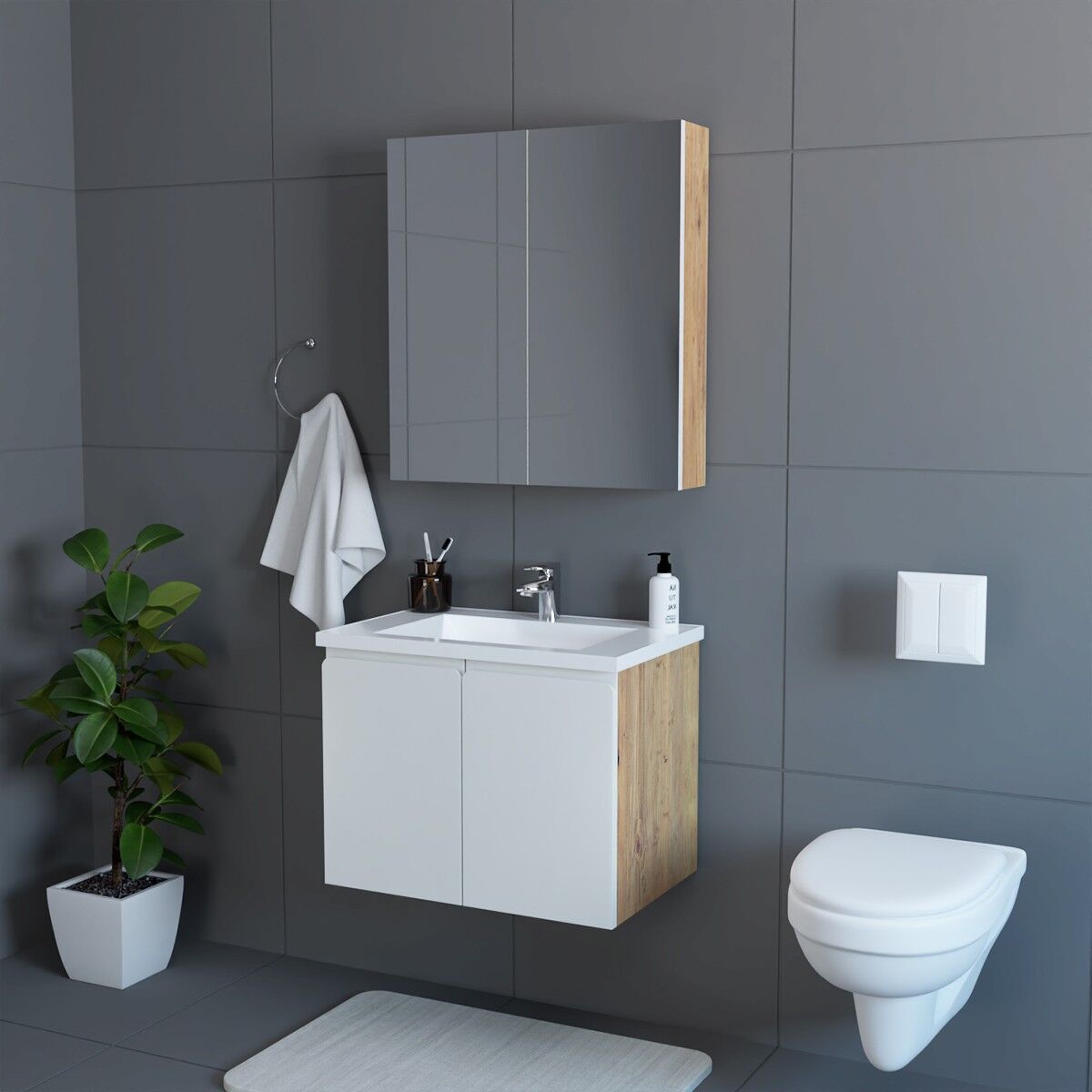 Teta Home Zürih 65 cm MDF Gövde Membran Kapak Banyo Dolabı Seti Atlantik Çam-Beyaz