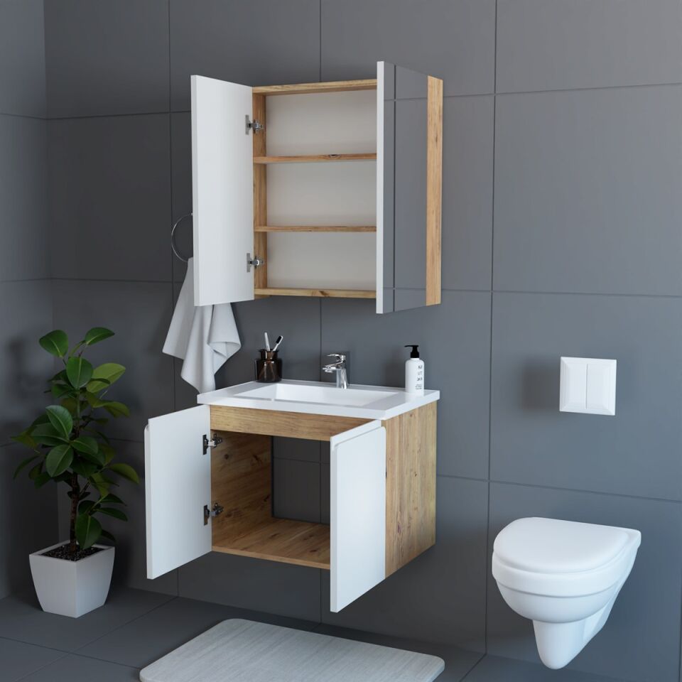 Teta Home Zürih 65 cm MDF Gövde Membran Kapak Banyo Dolabı Seti Atlantik Çam-Beyaz