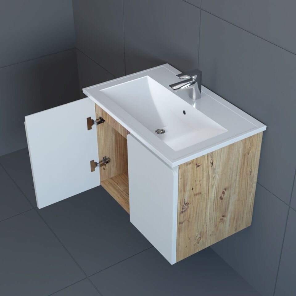 Teta Home Zürih 65 cm MDF Gövde Membran Kapak Banyo Dolabı Seti Atlantik Çam-Beyaz