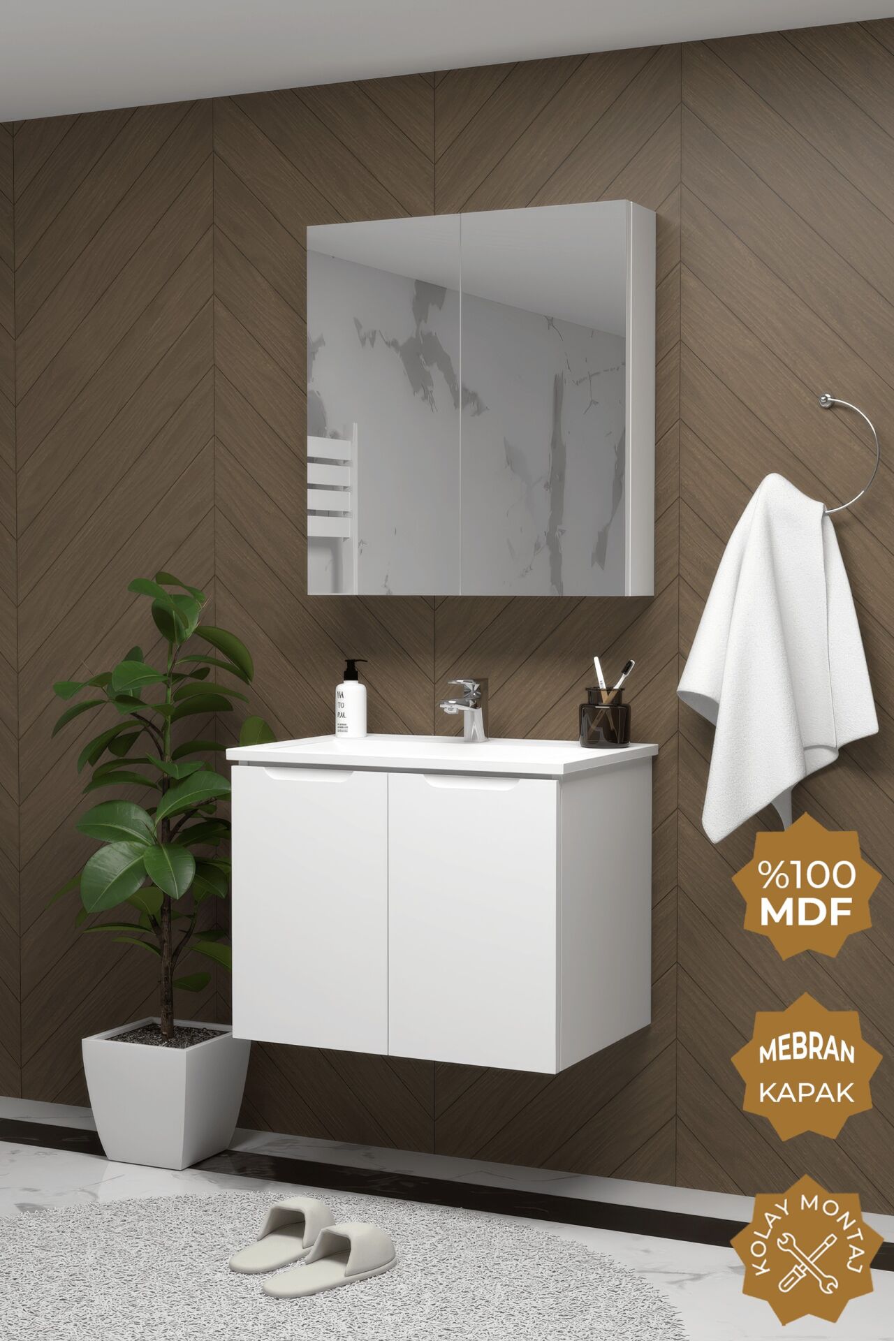 Teta Home Astana 80 cm MDF Gövde Membran Kapak Banyo Dolabı Seti Beyaz