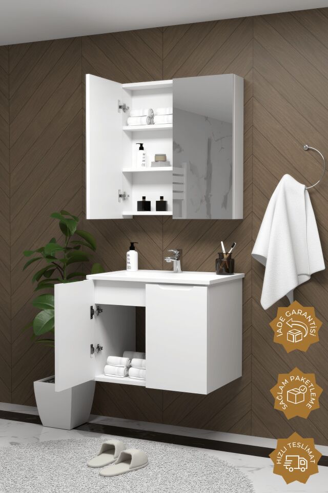 Teta Home Astana 80 cm MDF Gövde Membran Kapak Banyo Dolabı Seti Beyaz