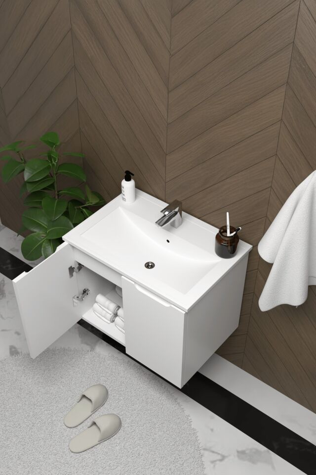 Teta Home Astana 80 cm MDF Gövde Membran Kapak Banyo Dolabı Seti Beyaz