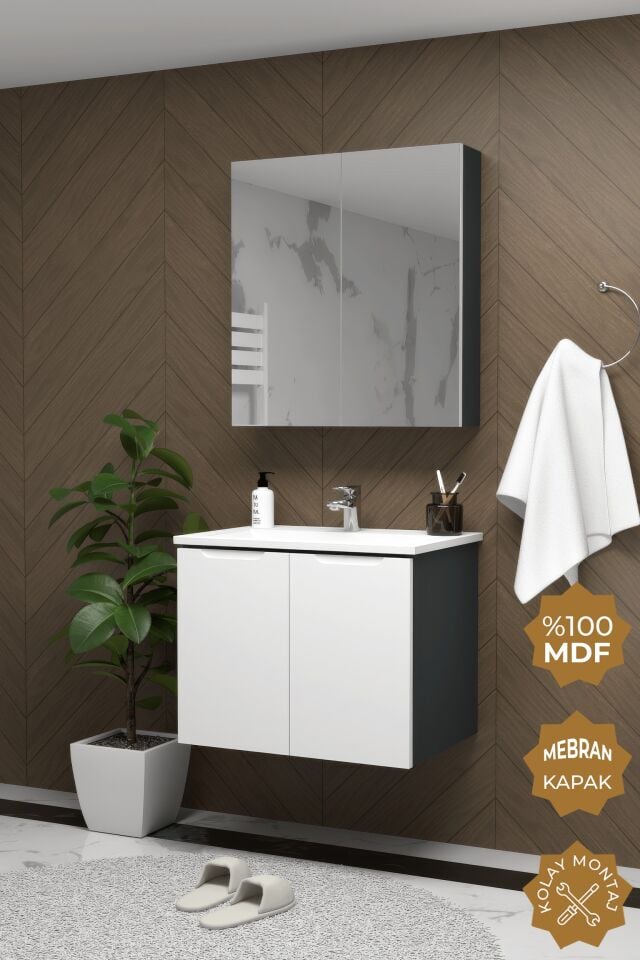 Teta Home Astana 80 cm MDF Gövde Membran Kapak Banyo Dolabı Seti Antrasit-Beyaz