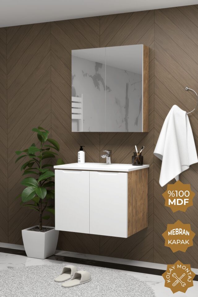 Teta Home Astana 80 cm MDF Gövde Membran Kapak Banyo Dolabı Seti Atlantik Çam-Beyaz