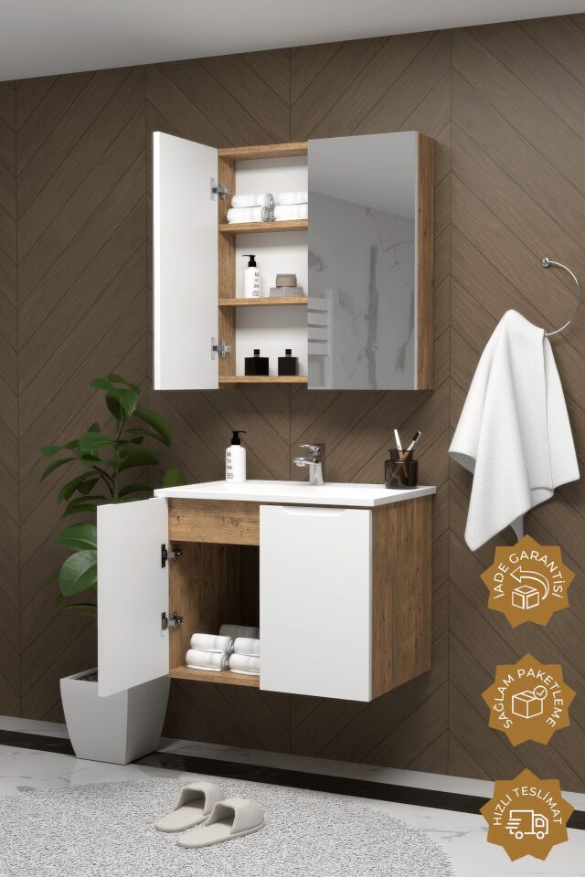Teta Home Astana 80 cm MDF Gövde Membran Kapak Banyo Dolabı Seti Atlantik Çam-Beyaz