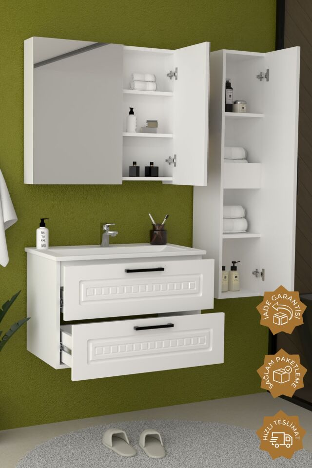 Teta Home Floransa 80 cm MDF Gövde Membran Kapak Banyo Dolabı Seti + Boy Dolabı Beyaz