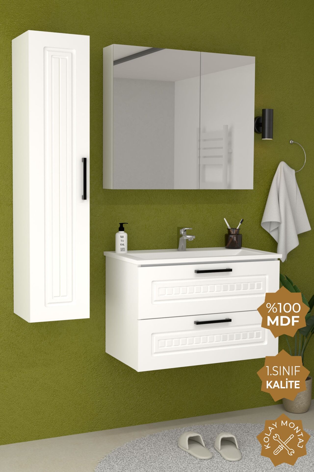 Teta Home Floransa 80 cm MDF Gövde Membran Kapak Banyo Dolabı Seti + Boy Dolabı Beyaz