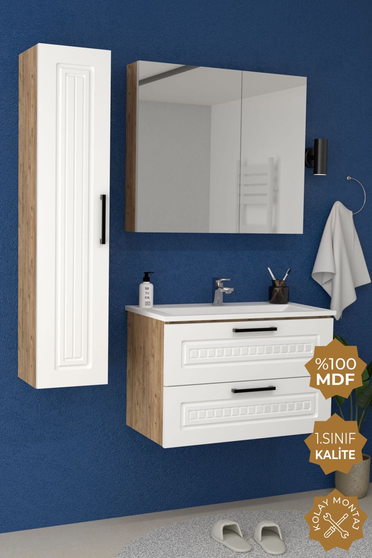 Teta Home Floransa 80 cm MDF Gövde Membran Kapak Banyo Dolabı Seti + Boy Dolabı Atlantik Çam-Beyaz