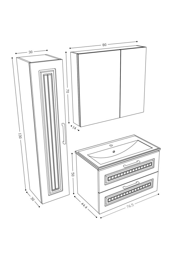 Teta Home Floransa 80 cm MDF Gövde Membran Kapak Banyo Dolabı Seti + Boy Dolabı Atlantik Çam-Beyaz
