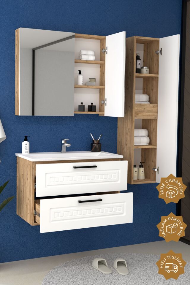 Teta Home Floransa 65 cm MDF Gövde Membran Kapak Banyo Dolabı Seti + Boy Dolabı