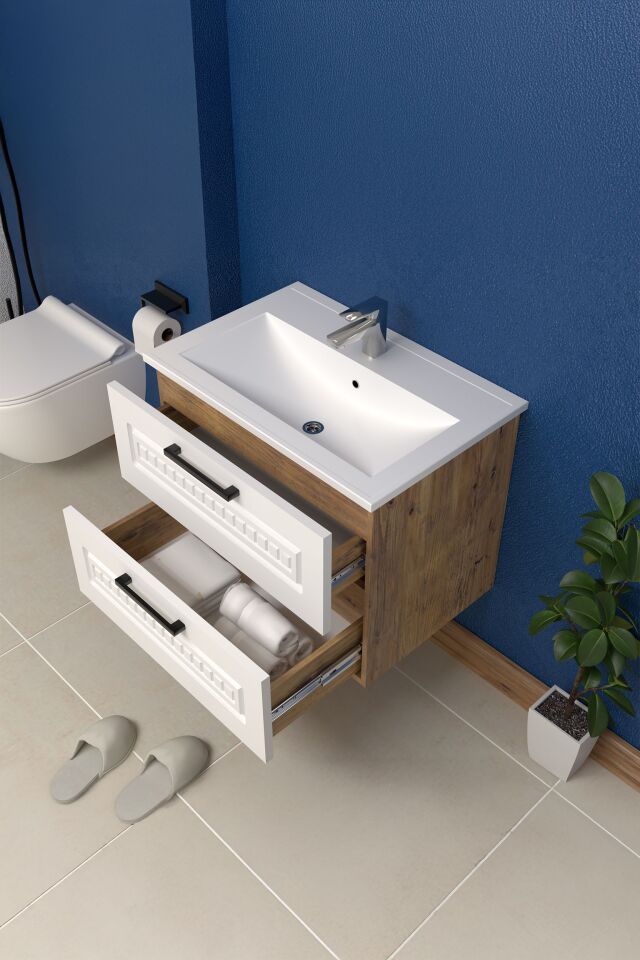 Teta Home Floransa 65 cm MDF Gövde Membran Kapak Banyo Dolabı Seti + Boy Dolabı