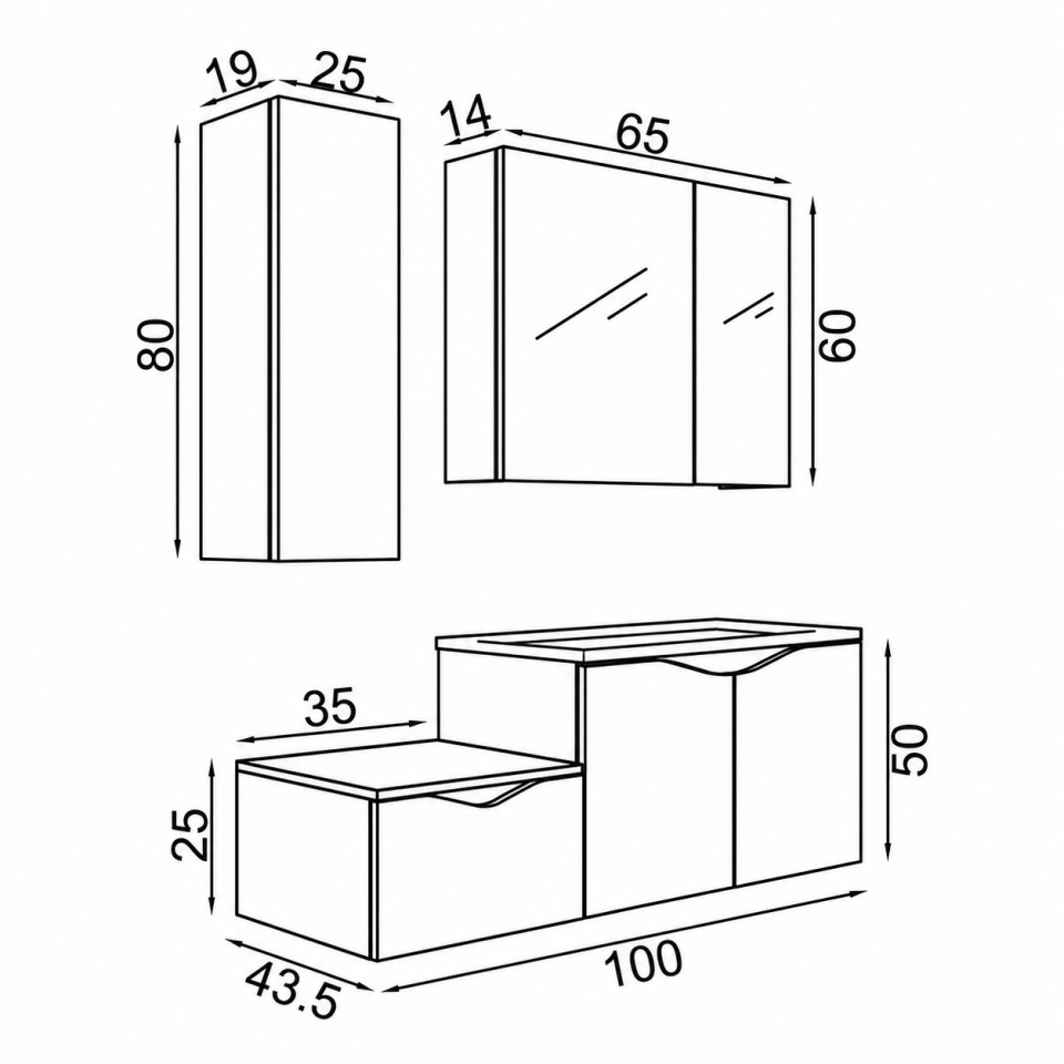 Teta Home Manila 100 cm MDF Banyo Seti + Boy Dolap Kafkas Meşe-Beyaz